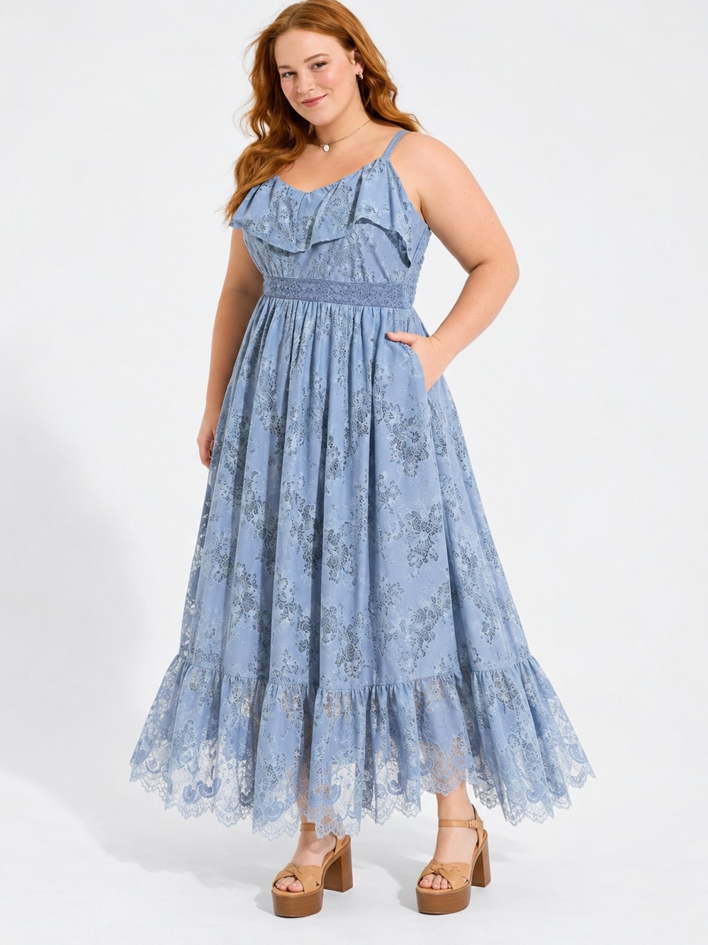 Torrid Plus Size 1 Dusty Blue Floral Lace Ruffle Maxi Dress Boho